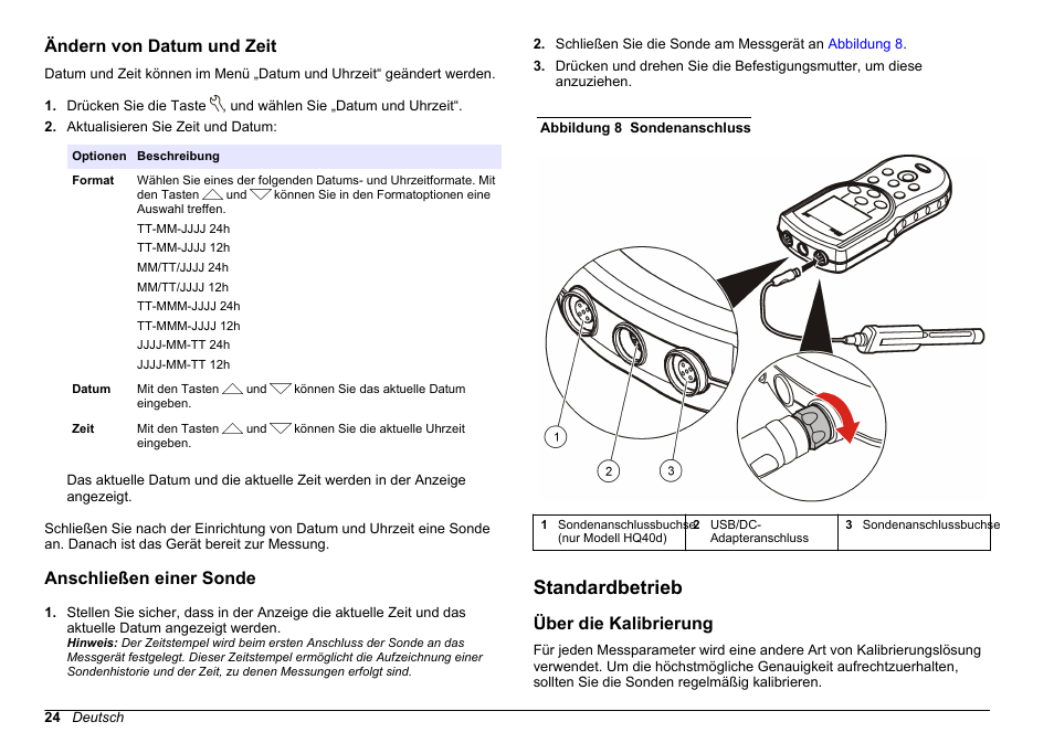Ändern von datum und zeit, Anschließen einer sonde, Standardbetrieb | Über die kalibrierung, Auf seite 24 | Hach-Lange HQ30D Basic User Manual User Manual | Page 24 / 354