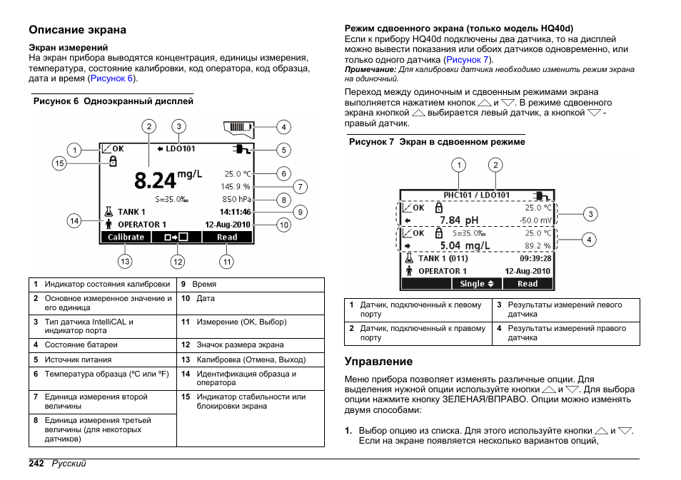Описание экрана, Управление | Hach-Lange HQ30D Basic User Manual User Manual | Page 242 / 354