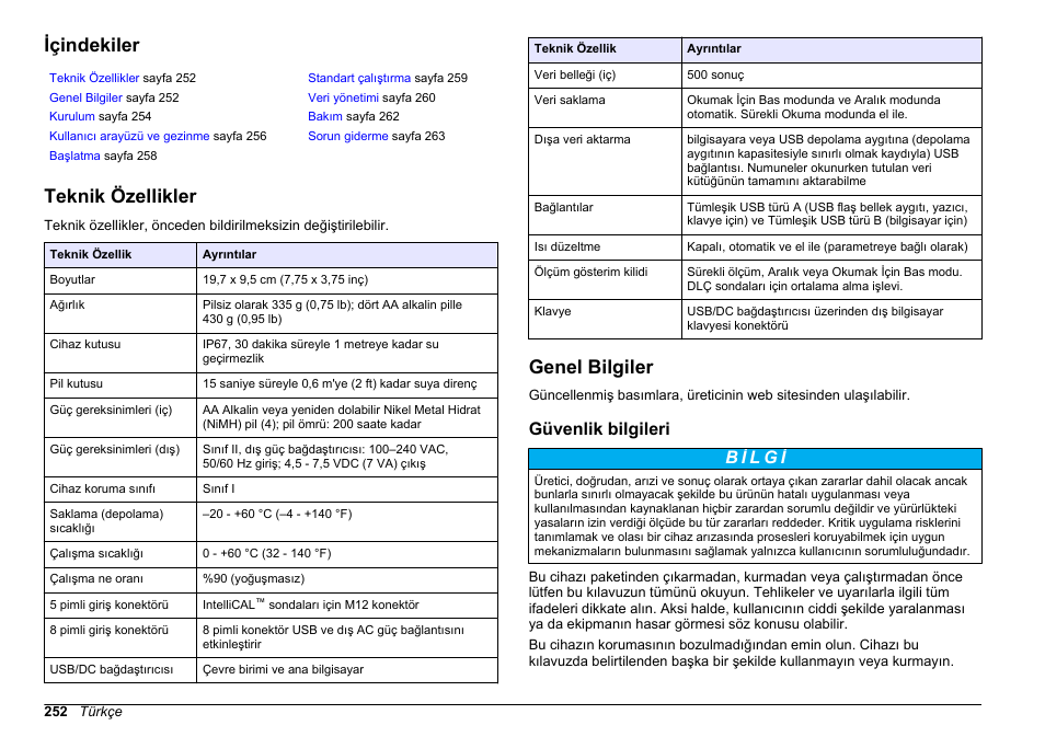 Temel kullanıcı kılavuzu, Içindekiler, Teknik özellikler | Genel bilgiler, Güvenlik bilgileri, Türkçe | Hach-Lange HQ30D Basic User Manual User Manual | Page 252 / 354