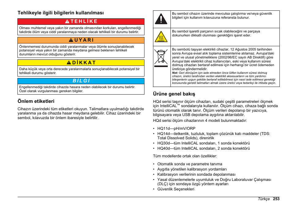 Tehlikeyle ilgili bilgilerin kullanılması, Önlem etiketleri, Ürüne genel bakış | Hach-Lange HQ30D Basic User Manual User Manual | Page 253 / 354
