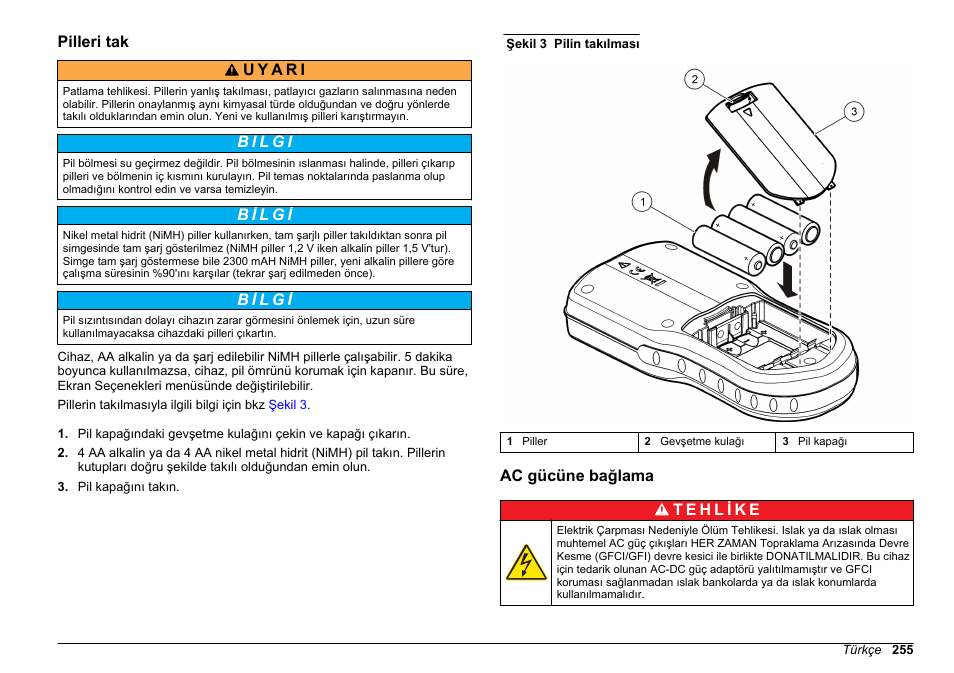 Pilleri tak, Ac gücüne bağlama | Hach-Lange HQ30D Basic User Manual User Manual | Page 255 / 354