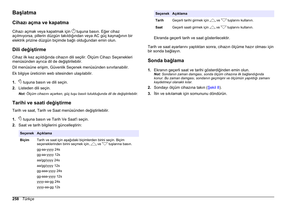 Başlatma, Cihazı açma ve kapatma, Dili değiştirme | Tarihi ve saati değiştirme, Sonda bağlama | Hach-Lange HQ30D Basic User Manual User Manual | Page 258 / 354