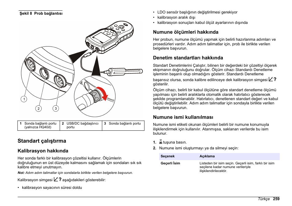 Standart çalıştırma, Kalibrasyon hakkında, Numune ölçümleri hakkında | Denetim standartları hakkında, Numune ismi kullanılması | Hach-Lange HQ30D Basic User Manual User Manual | Page 259 / 354