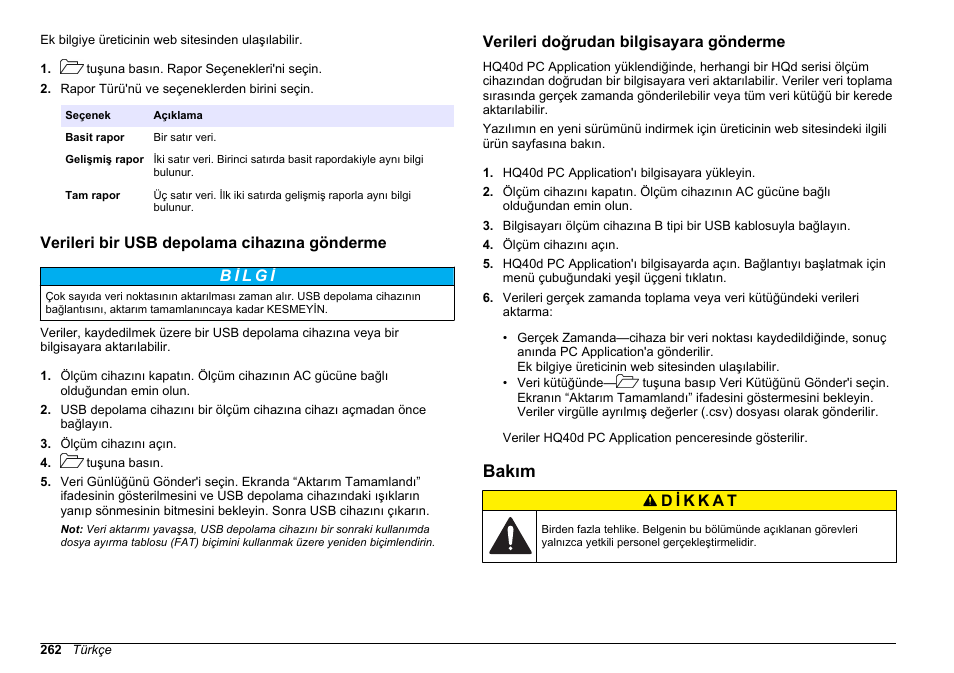 Verileri bir usb depolama cihazına gönderme, Verileri doğrudan bilgisayara gönderme, Bakım | Hach-Lange HQ30D Basic User Manual User Manual | Page 262 / 354