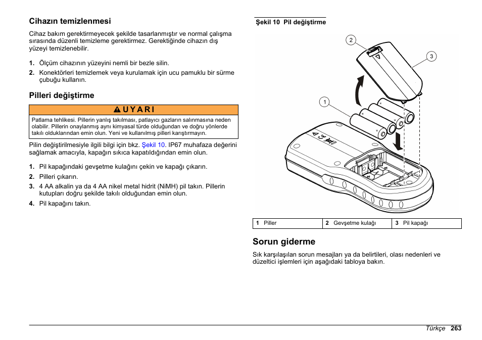 Cihazın temizlenmesi, Pilleri değiştirme, Sorun giderme | Hach-Lange HQ30D Basic User Manual User Manual | Page 263 / 354