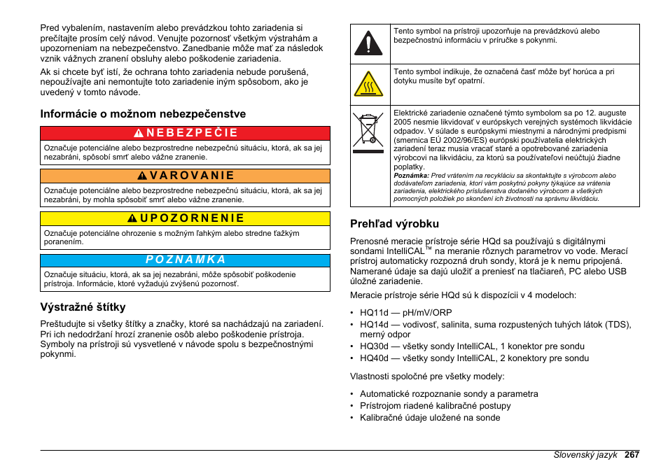 Informácie o možnom nebezpečenstve, Výstražné štítky, Prehľad výrobku | Hach-Lange HQ30D Basic User Manual User Manual | Page 267 / 354