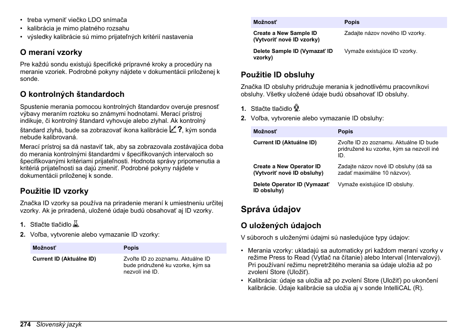 O meraní vzorky, O kontrolných štandardoch, Použitie id vzorky | Použitie id obsluhy, Správa údajov, O uložených údajoch | Hach-Lange HQ30D Basic User Manual User Manual | Page 274 / 354