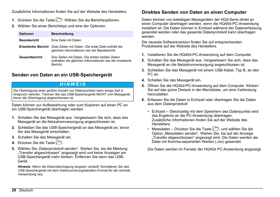Senden von daten an ein usb-speichergerät, Direktes senden von daten an einen computer | Hach-Lange HQ30D Basic User Manual User Manual | Page 28 / 354