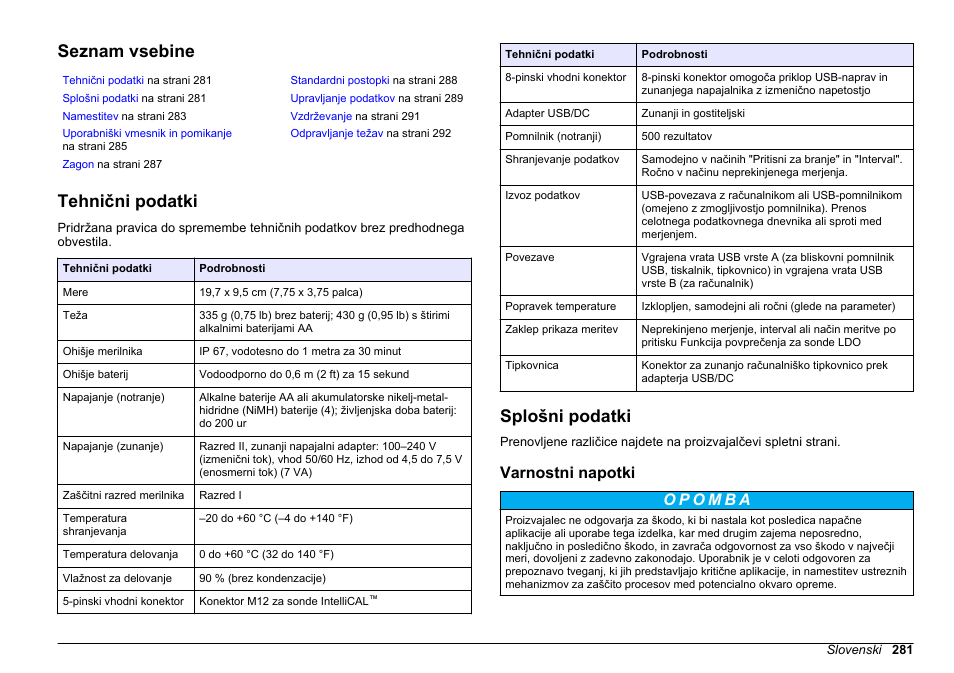 Osnovni uporabniški priročnik, Seznam vsebine, Tehnični podatki | Splošni podatki, Varnostni napotki, Slovenski | Hach-Lange HQ30D Basic User Manual User Manual | Page 281 / 354