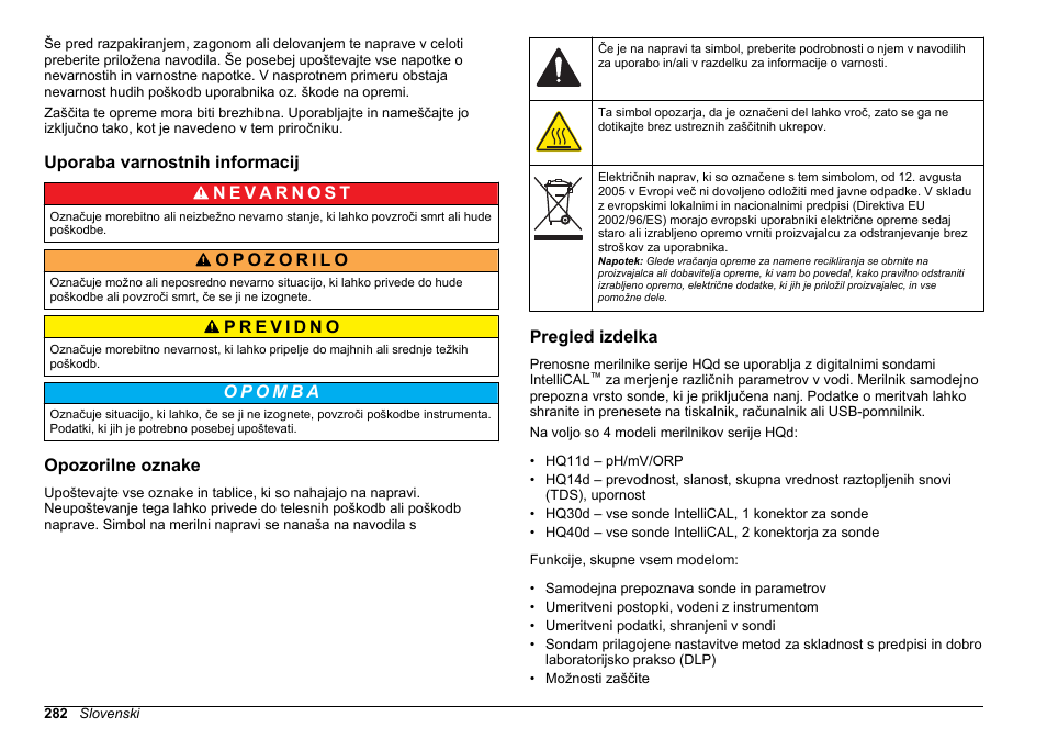 Uporaba varnostnih informacij, Opozorilne oznake, Pregled izdelka | Hach-Lange HQ30D Basic User Manual User Manual | Page 282 / 354