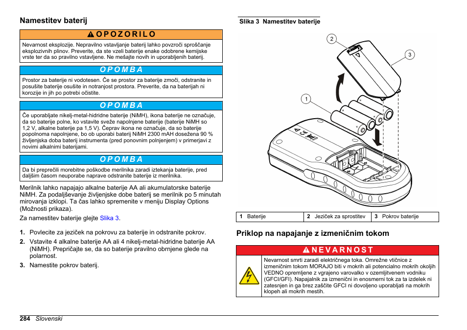 Namestitev baterij, Priklop na napajanje z izmeničnim tokom | Hach-Lange HQ30D Basic User Manual User Manual | Page 284 / 354