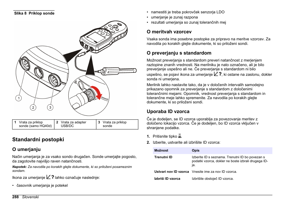 Standardni postopki, O umerjanju, O meritvah vzorcev | O preverjanju s standardom, Uporaba id vzorca, Na strani 288 | Hach-Lange HQ30D Basic User Manual User Manual | Page 288 / 354