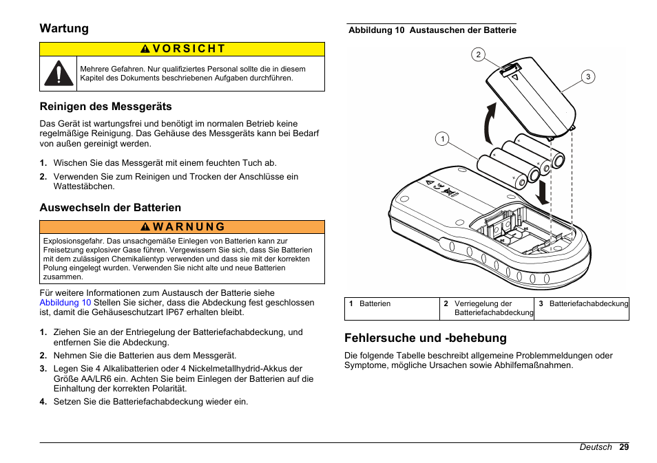 Wartung, Reinigen des messgeräts, Auswechseln der batterien | Fehlersuche und -behebung | Hach-Lange HQ30D Basic User Manual User Manual | Page 29 / 354