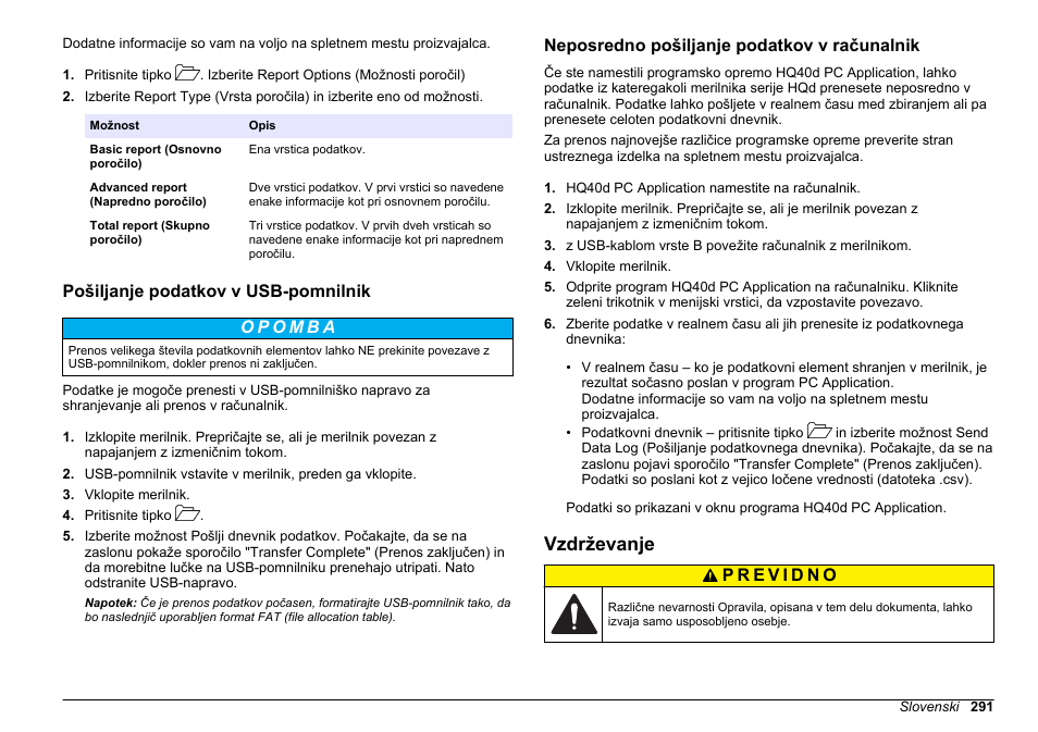 Pošiljanje podatkov v usb-pomnilnik, Neposredno pošiljanje podatkov v računalnik, Vzdrževanje | Hach-Lange HQ30D Basic User Manual User Manual | Page 291 / 354