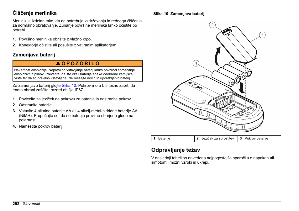 Čiščenje merilnika, Zamenjava baterij, Odpravljanje težav | Na strani 292 | Hach-Lange HQ30D Basic User Manual User Manual | Page 292 / 354