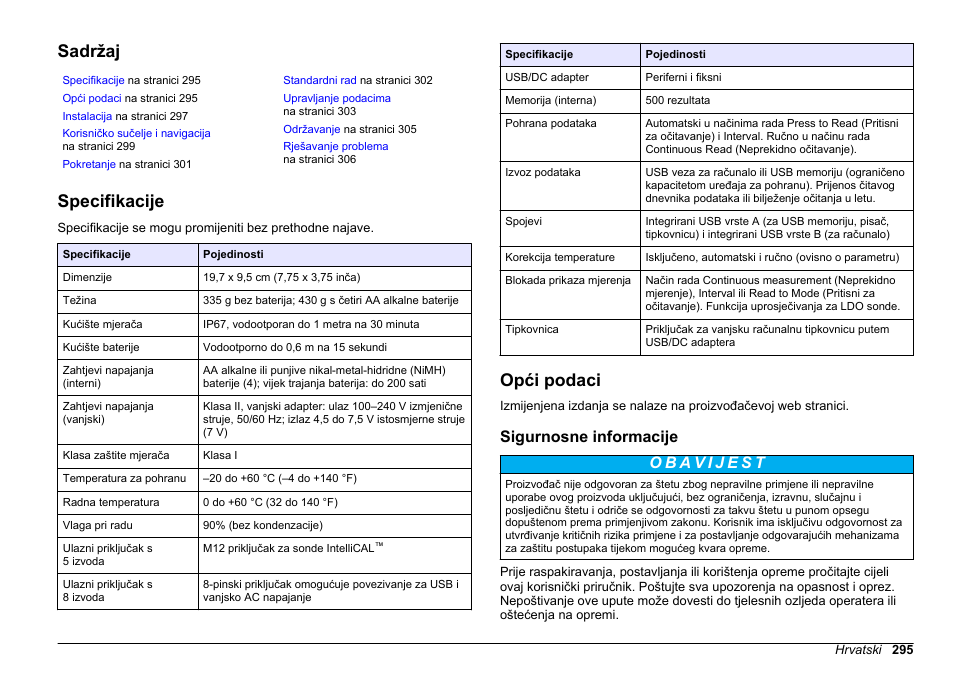 Osnovni korisnički priručnik, Sadržaj, Specifikacije | Opći podaci, Sigurnosne informacije, Hrvatski | Hach-Lange HQ30D Basic User Manual User Manual | Page 295 / 354