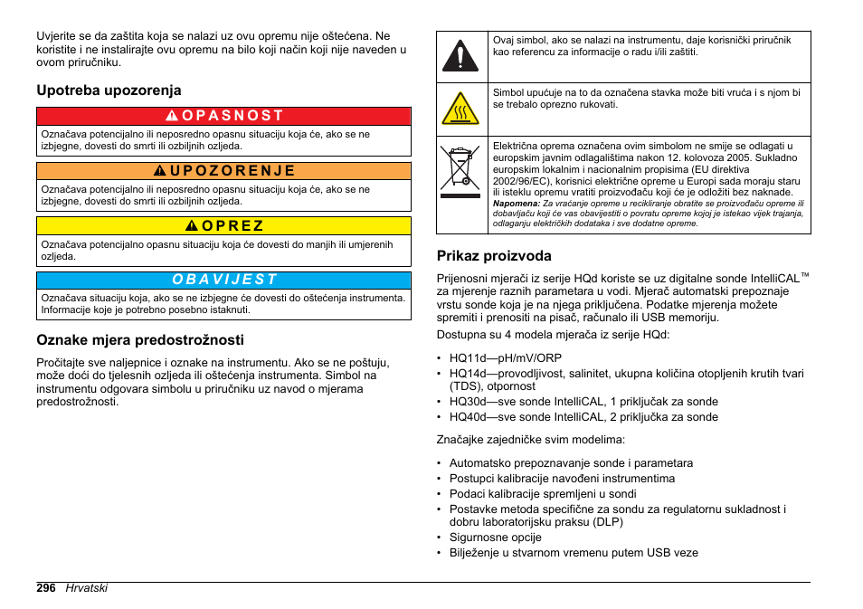 Upotreba upozorenja, Oznake mjera predostrožnosti, Prikaz proizvoda | Hach-Lange HQ30D Basic User Manual User Manual | Page 296 / 354