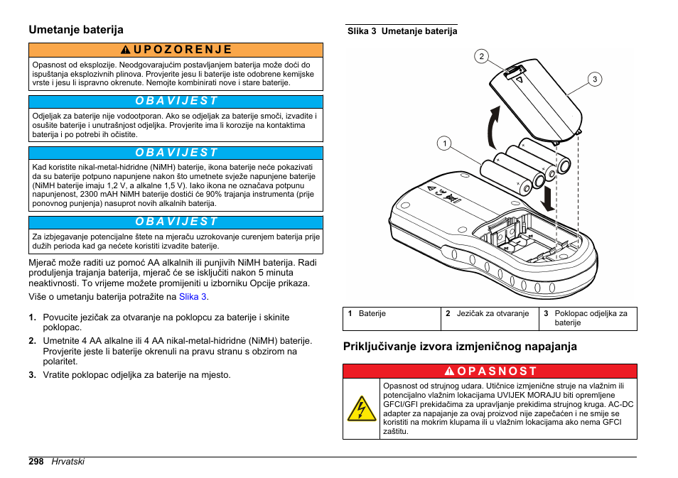 Umetanje baterija, Priključivanje izvora izmjeničnog napajanja | Hach-Lange HQ30D Basic User Manual User Manual | Page 298 / 354