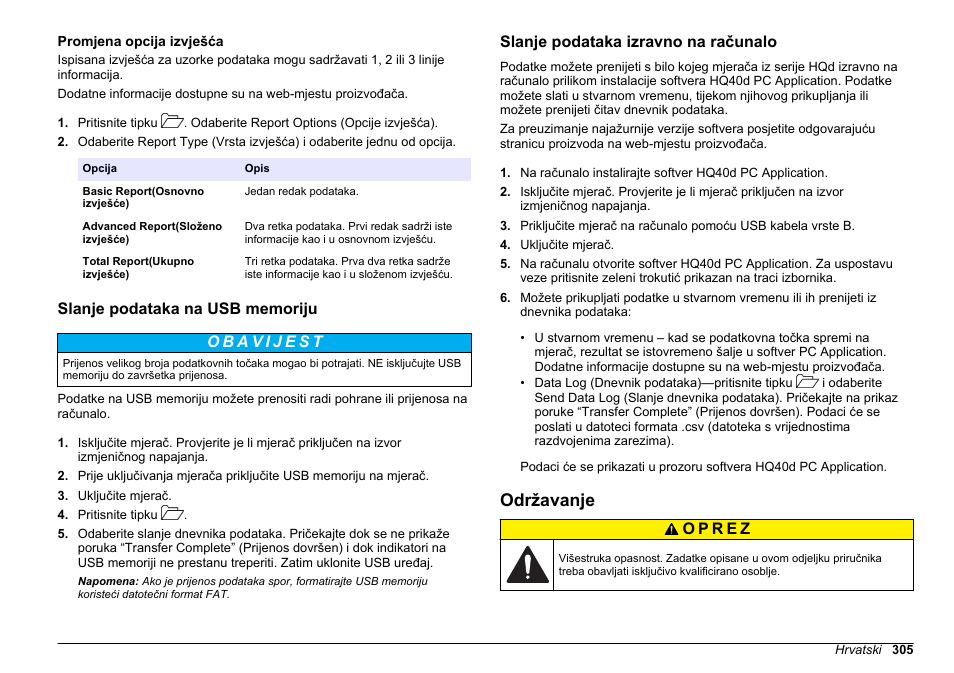 Promjena opcija izvješća, Slanje podataka na usb memoriju, Slanje podataka izravno na računalo | Održavanje, Na stranici | Hach-Lange HQ30D Basic User Manual User Manual | Page 305 / 354