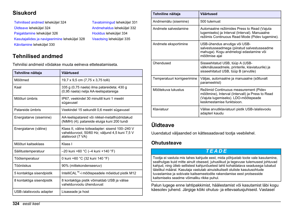 Kokkuvõtlik kasutusjuhend, Sisukord, Tehnilised andmed | Üldteave, Ohutusteave, Eesti keel | Hach-Lange HQ30D Basic User Manual User Manual | Page 324 / 354