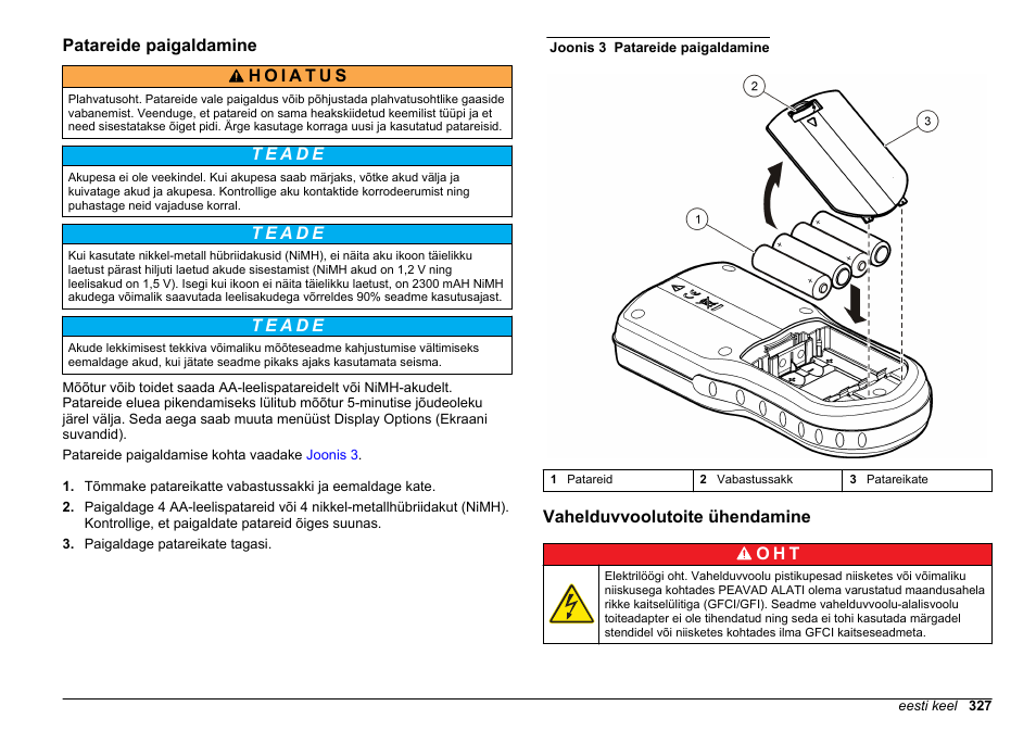 Patareide paigaldamine, Vahelduvvoolutoite ühendamine | Hach-Lange HQ30D Basic User Manual User Manual | Page 327 / 354