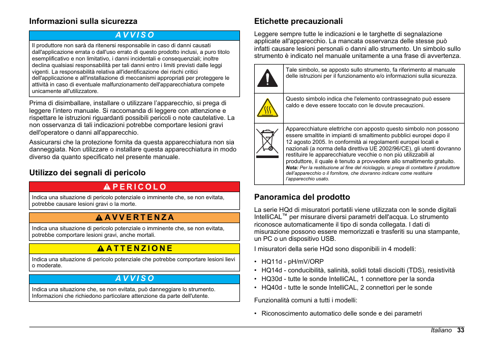 Informazioni sulla sicurezza, Utilizzo dei segnali di pericolo, Etichette precauzionali | Panoramica del prodotto | Hach-Lange HQ30D Basic User Manual User Manual | Page 33 / 354