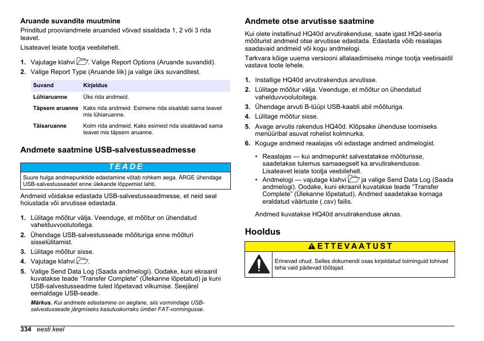 Aruande suvandite muutmine, Andmete saatmine usb-salvestusseadmesse, Andmete otse arvutisse saatmine | Hooldus | Hach-Lange HQ30D Basic User Manual User Manual | Page 334 / 354