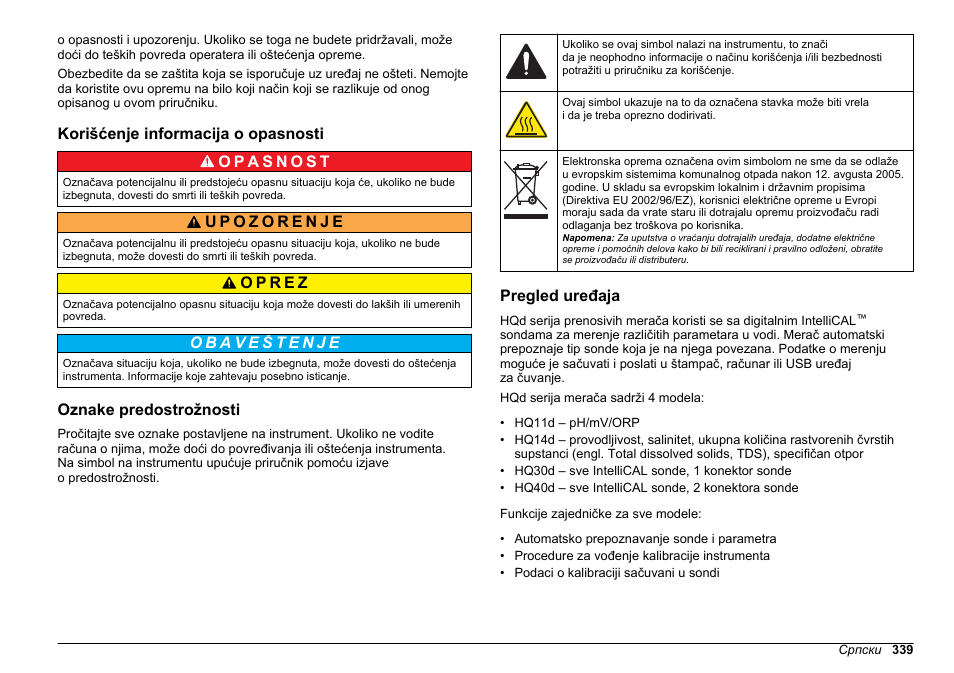 Korišćenje informacija o opasnosti, Oznake predostrožnosti, Pregled uređaja | Hach-Lange HQ30D Basic User Manual User Manual | Page 339 / 354