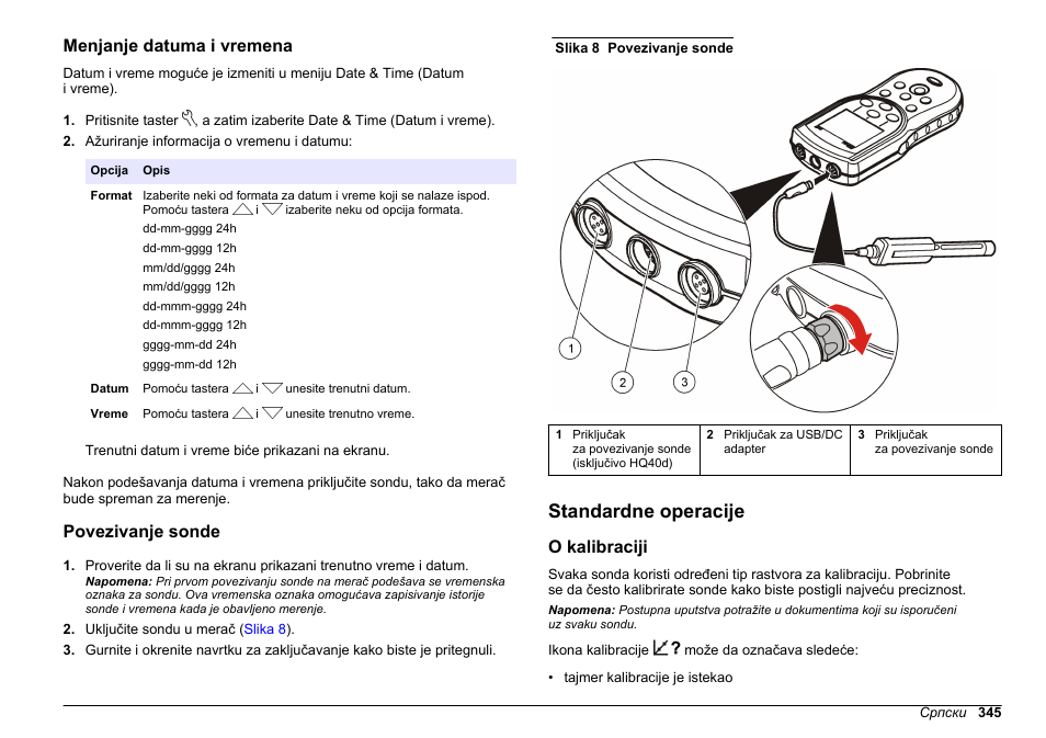 Menjanje datuma i vremena, Povezivanje sonde, Standardne operacije | O kalibraciji | Hach-Lange HQ30D Basic User Manual User Manual | Page 345 / 354