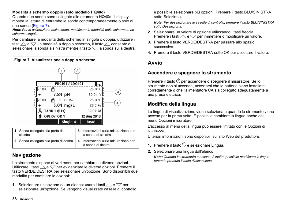 Navigazione, Avvio, Accendere e spegnere lo strumento | Modifica della lingua | Hach-Lange HQ30D Basic User Manual User Manual | Page 38 / 354