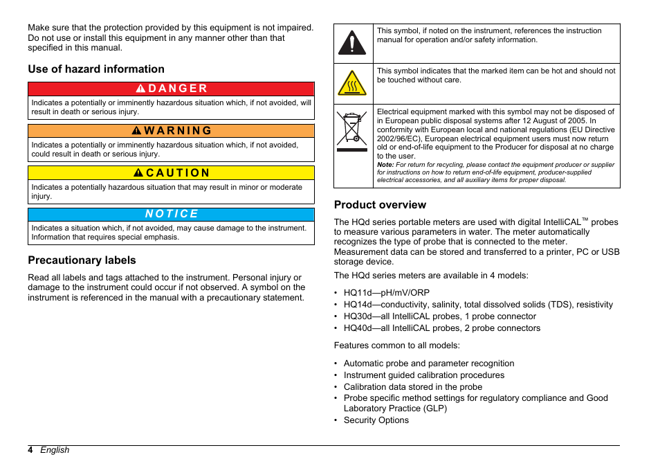 Use of hazard information, Precautionary labels, Product overview | Hach-Lange HQ30D Basic User Manual User Manual | Page 4 / 354