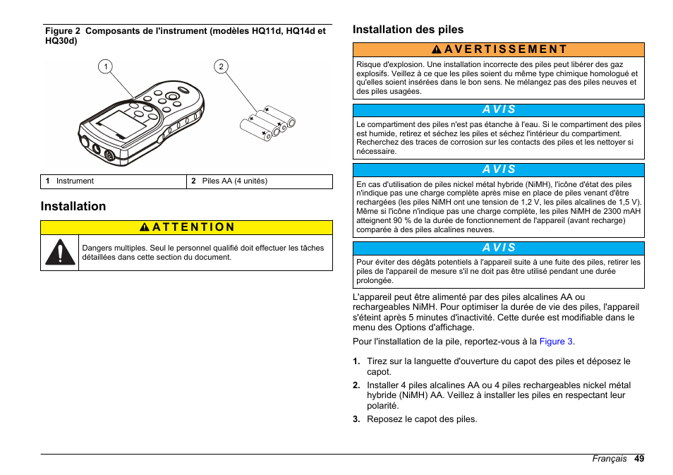 Installation, Installation des piles, Et à | Figure 2 | Hach-Lange HQ30D Basic User Manual User Manual | Page 49 / 354