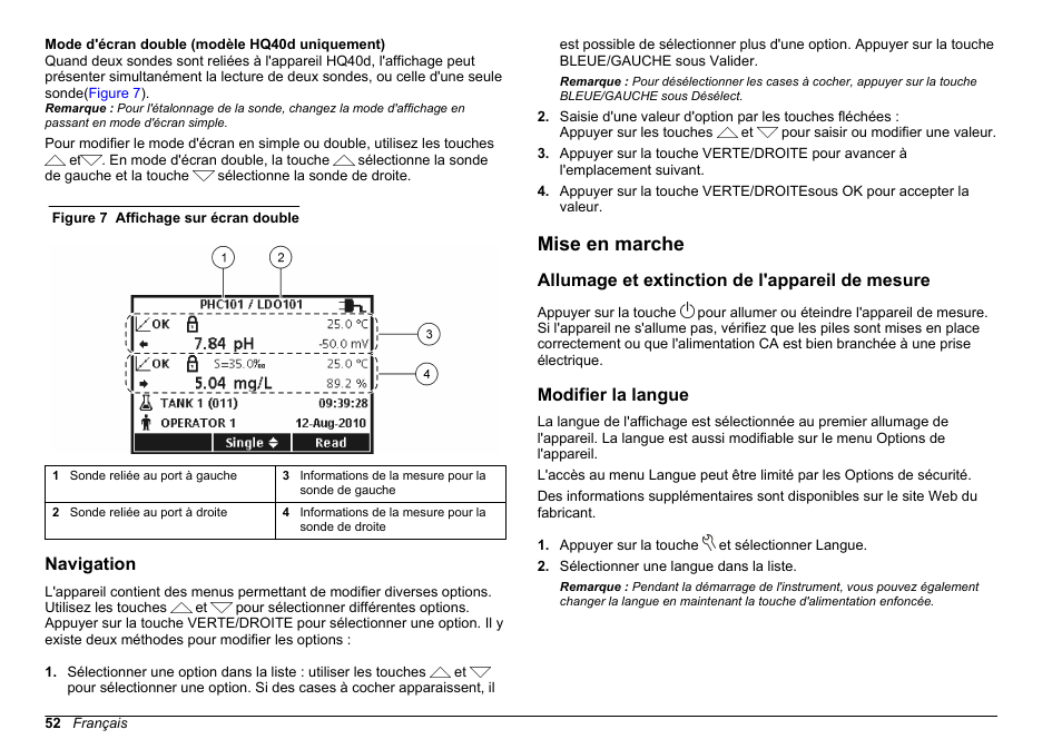 Navigation, Mise en marche, Allumage et extinction de l'appareil de mesure | Modifier la langue | Hach-Lange HQ30D Basic User Manual User Manual | Page 52 / 354