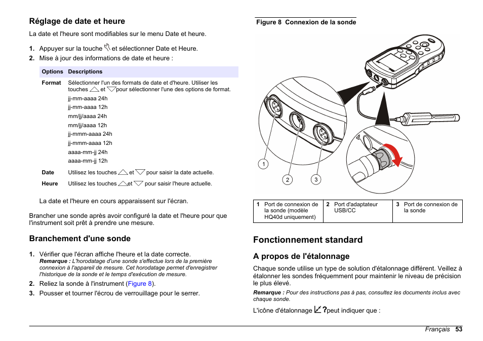 Réglage de date et heure, Branchement d'une sonde, Fonctionnement standard | A propos de l'étalonnage | Hach-Lange HQ30D Basic User Manual User Manual | Page 53 / 354
