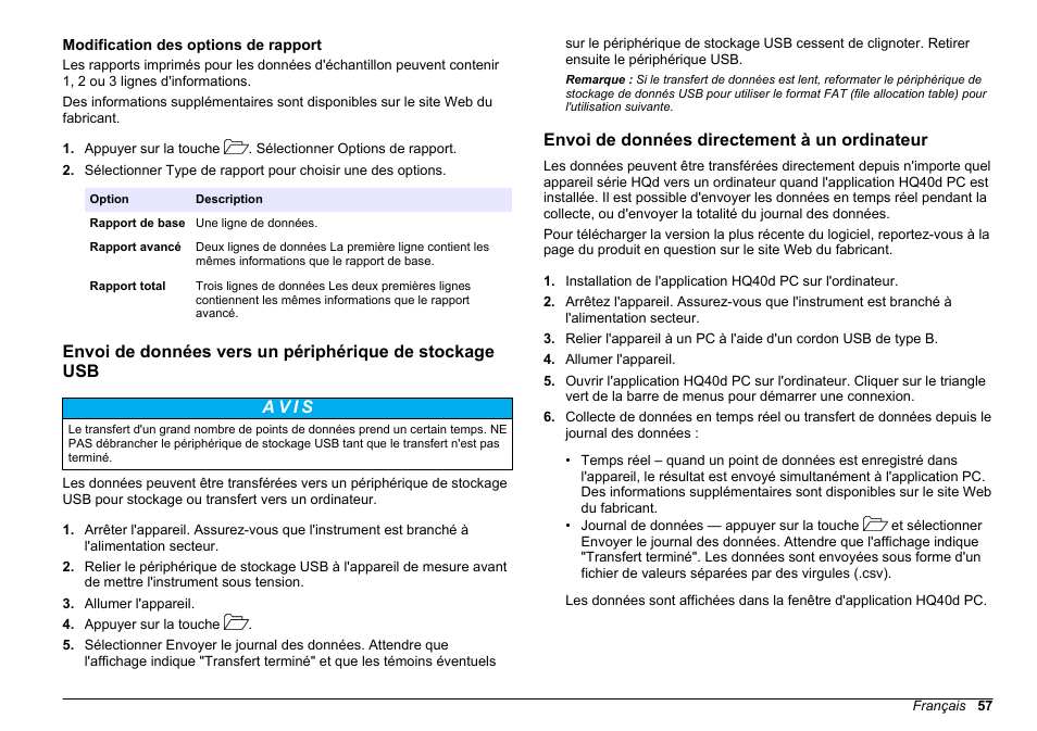 Modification des options de rapport, Envoi de données directement à un ordinateur | Hach-Lange HQ30D Basic User Manual User Manual | Page 57 / 354