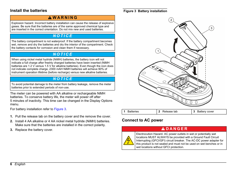 Install the batteries, Connect to ac power | Hach-Lange HQ30D Basic User Manual User Manual | Page 6 / 354