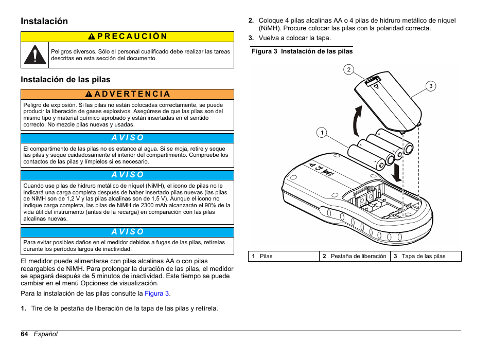 Instalación, Instalación de las pilas | Hach-Lange HQ30D Basic User Manual User Manual | Page 64 / 354
