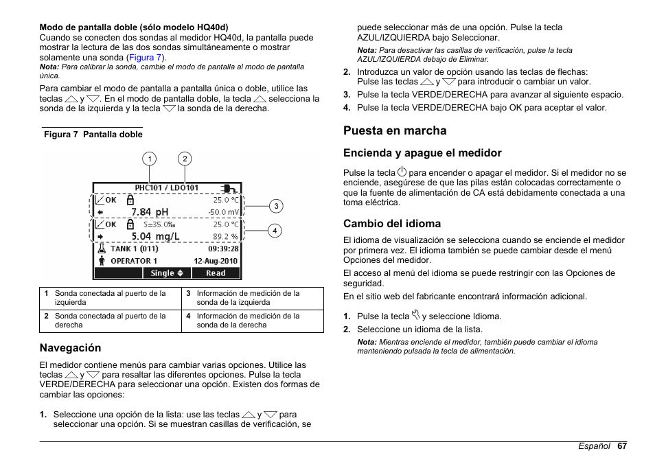 Navegación, Puesta en marcha, Encienda y apague el medidor | Cambio del idioma | Hach-Lange HQ30D Basic User Manual User Manual | Page 67 / 354