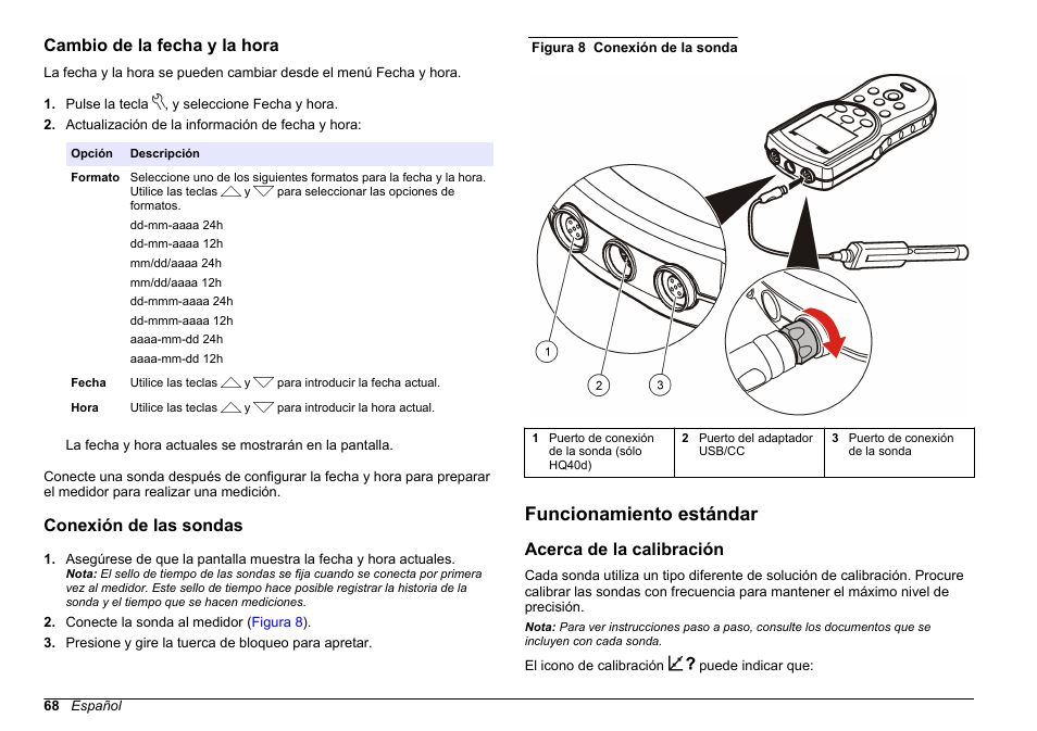 Cambio de la fecha y la hora, Conexión de las sondas, Funcionamiento estándar | Acerca de la calibración | Hach-Lange HQ30D Basic User Manual User Manual | Page 68 / 354