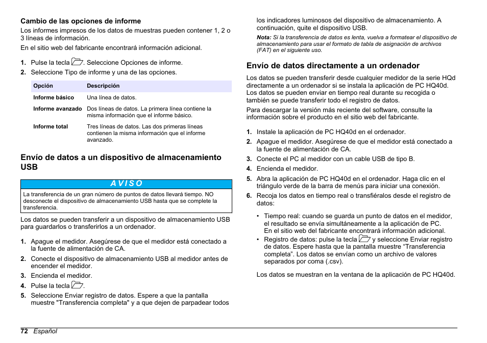 Cambio de las opciones de informe, Envío de datos directamente a un ordenador | Hach-Lange HQ30D Basic User Manual User Manual | Page 72 / 354