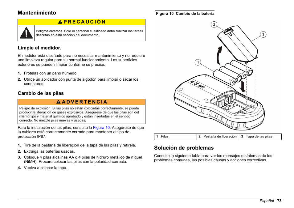 Mantenimiento, Limpie el medidor, Cambio de las pilas | Solución de problemas | Hach-Lange HQ30D Basic User Manual User Manual | Page 73 / 354
