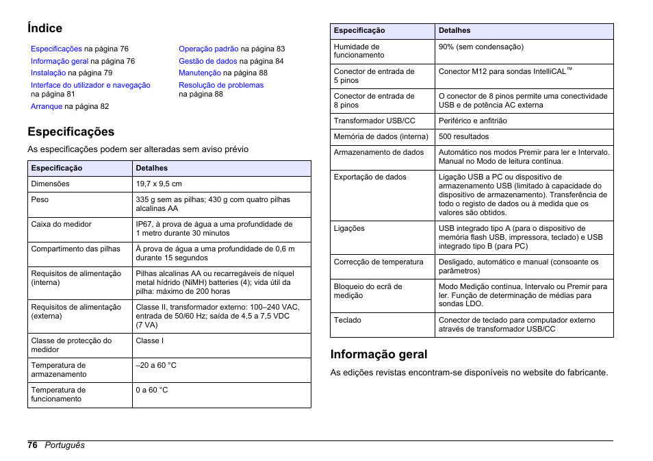 Manual de operações básicas, Índice, Especificações | Informação geral, Português | Hach-Lange HQ30D Basic User Manual User Manual | Page 76 / 354