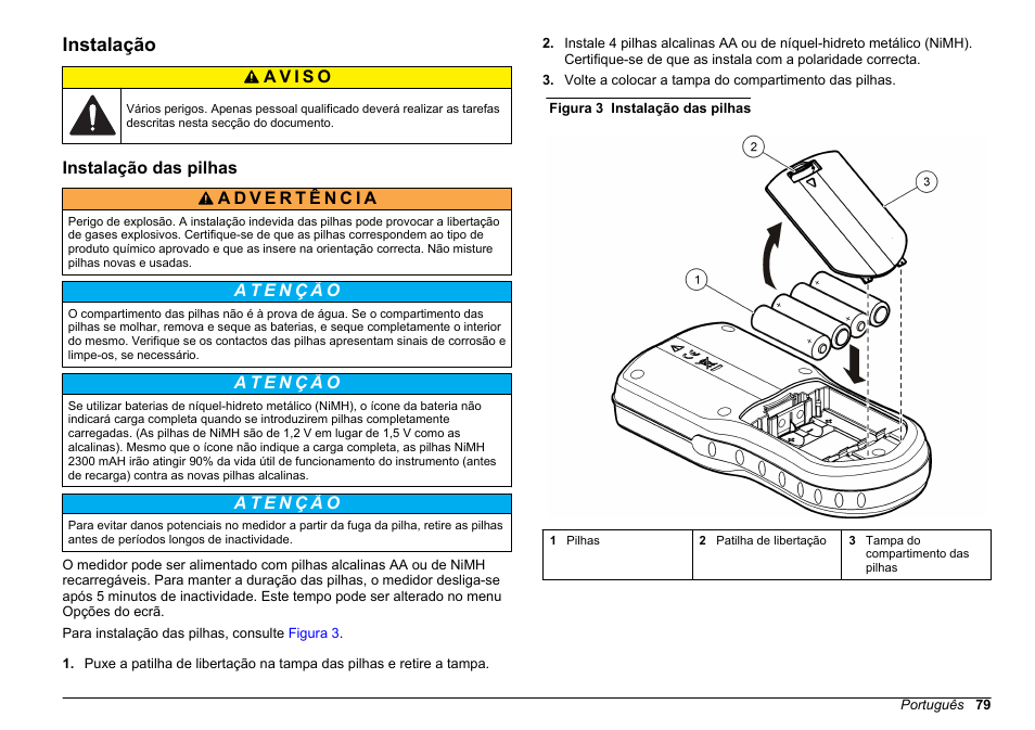 Instalação, Instalação das pilhas | Hach-Lange HQ30D Basic User Manual User Manual | Page 79 / 354