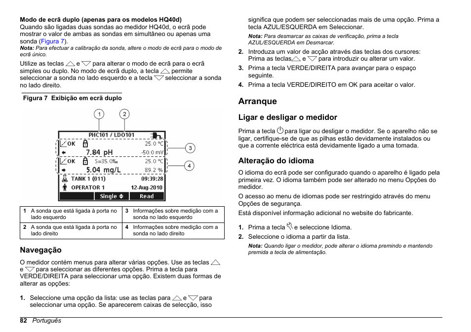 Navegação, Arranque, Ligar e desligar o medidor | Alteração do idioma | Hach-Lange HQ30D Basic User Manual User Manual | Page 82 / 354