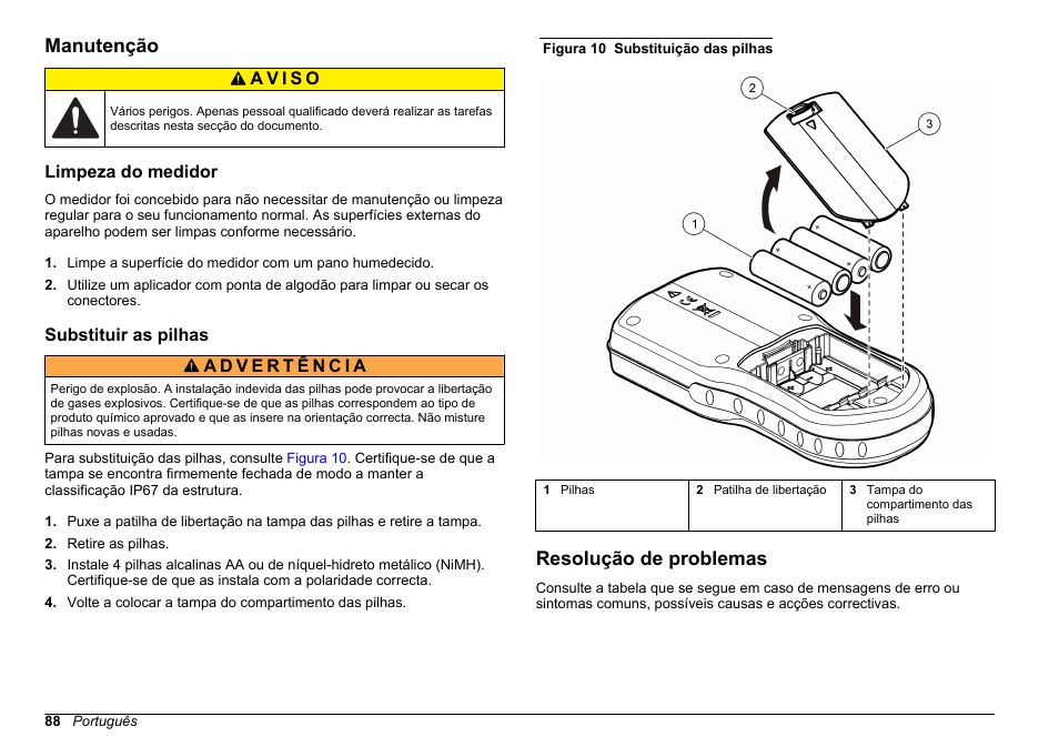 Manutenção, Limpeza do medidor, Substituir as pilhas | Resolução de problemas | Hach-Lange HQ30D Basic User Manual User Manual | Page 88 / 354