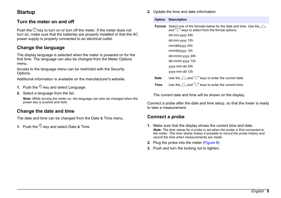 Startup, Turn the meter on and off, Change the language | Change the date and time, Connect a probe | Hach-Lange HQ30D Basic User Manual User Manual | Page 9 / 354