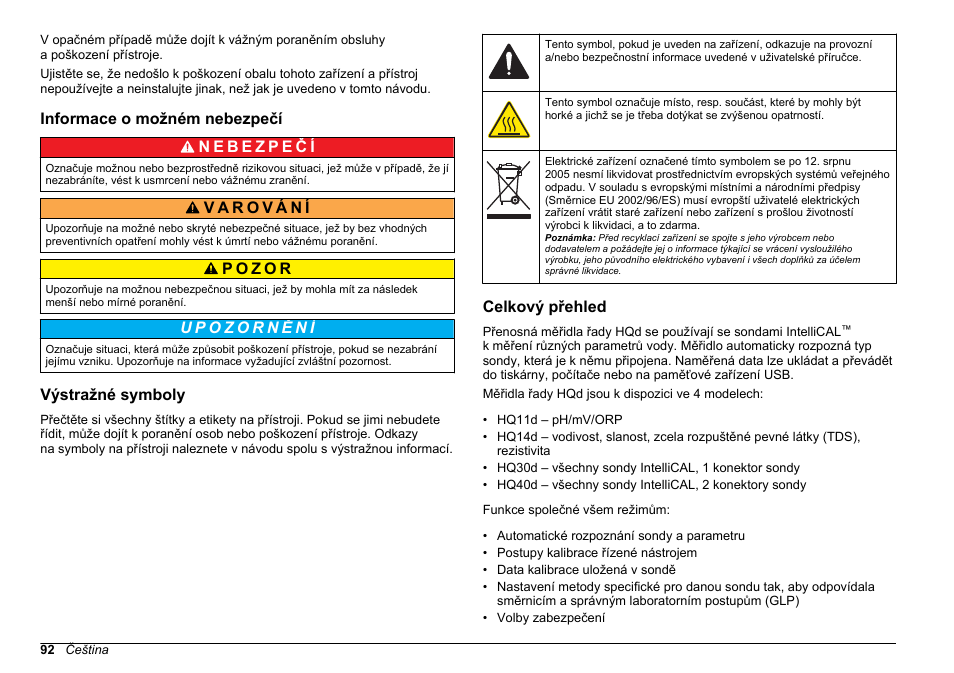 Informace o možném nebezpečí, Výstražné symboly, Celkový přehled | Hach-Lange HQ30D Basic User Manual User Manual | Page 92 / 354