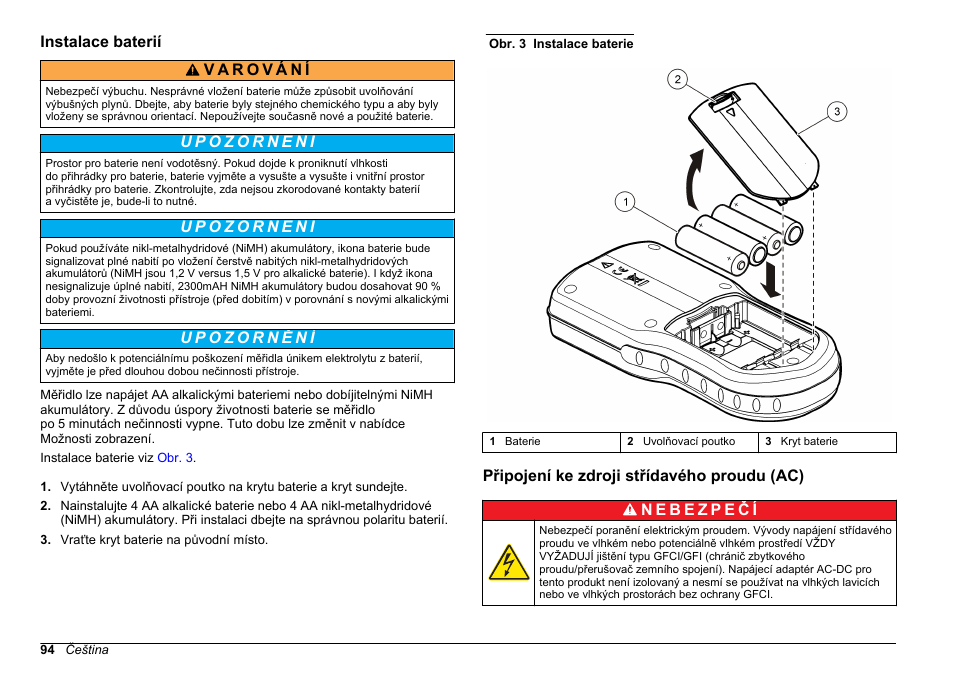 Instalace baterií, Připojení ke zdroji střídavého proudu (ac) | Hach-Lange HQ30D Basic User Manual User Manual | Page 94 / 354