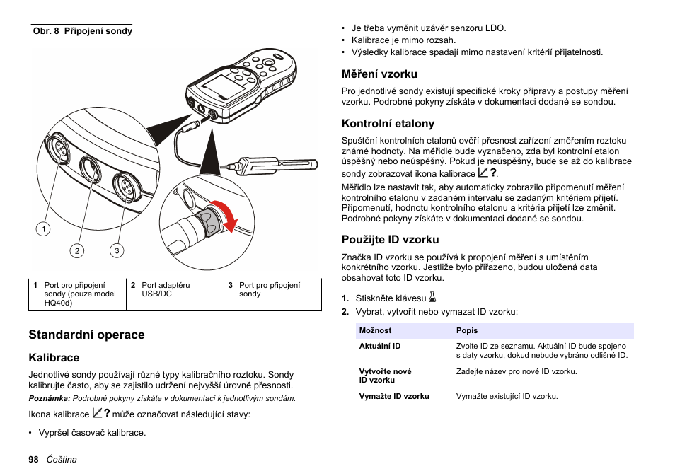 Standardní operace, Kalibrace, Měření vzorku | Kontrolní etalony, Použijte id vzorku, Na straně 98 | Hach-Lange HQ30D Basic User Manual User Manual | Page 98 / 354