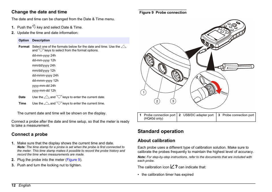 Change the date and time, Connect a probe, Standard operation | About calibration, Change the date and time connect a probe | Hach-Lange HQD Portable Meter User Manual User Manual | Page 14 / 38